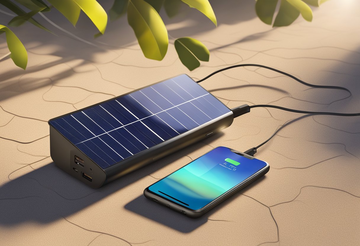 Sunlight streams onto a solar power charger, connected to a phone. The charger's panels are angled towards the sun, casting a shadow on the ground