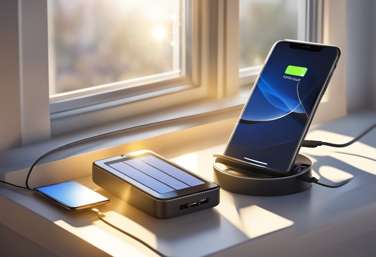 A solar phone charger sitting on a sunny windowsill, connected to a smartphone with a charging cable. Sunlight streams through the window, casting a warm glow on the charger