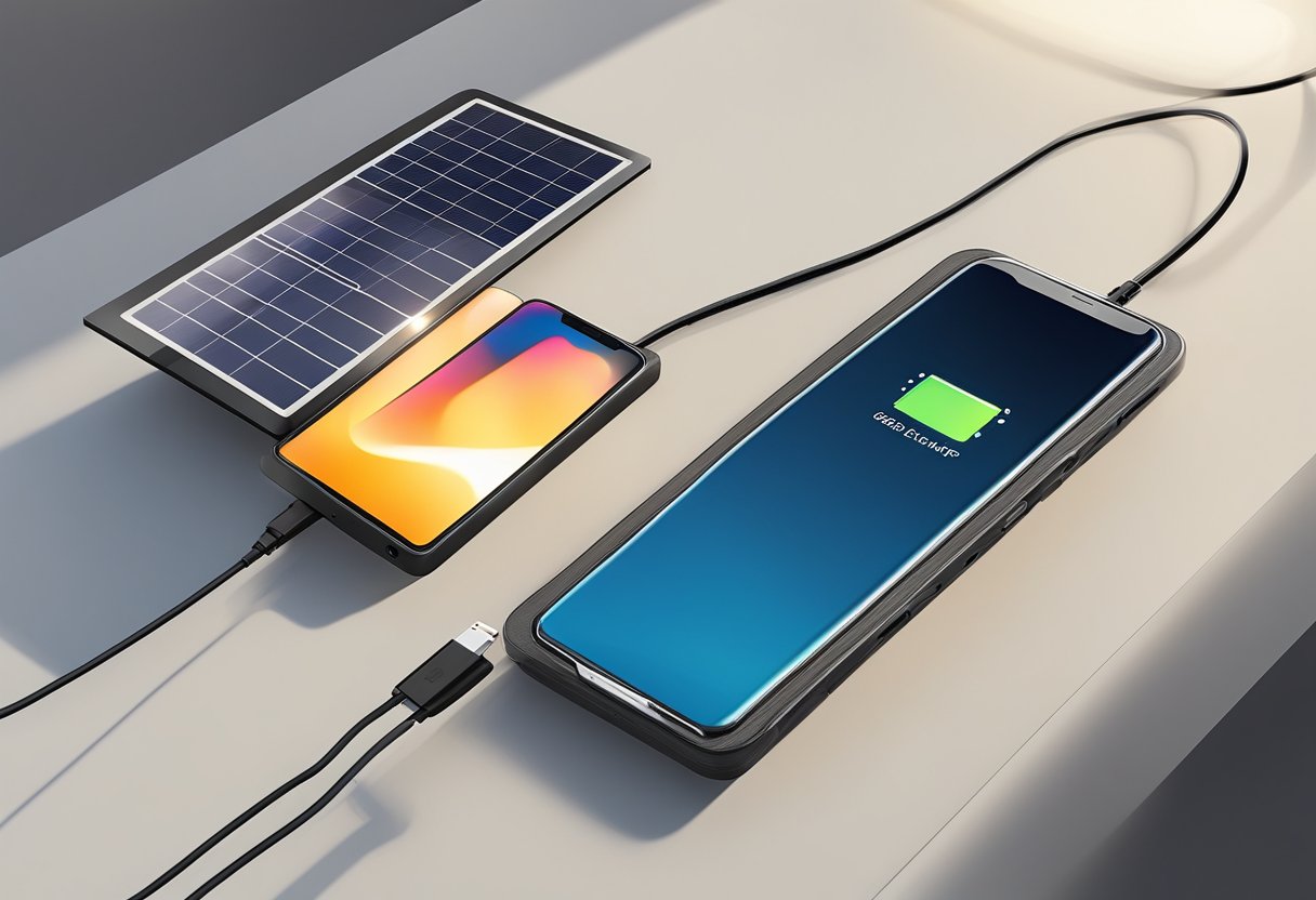 A phone plugged into a solar charger, with the sun shining on the device. The charger is compact and portable, with a sleek design and a built-in USB port for easy connection