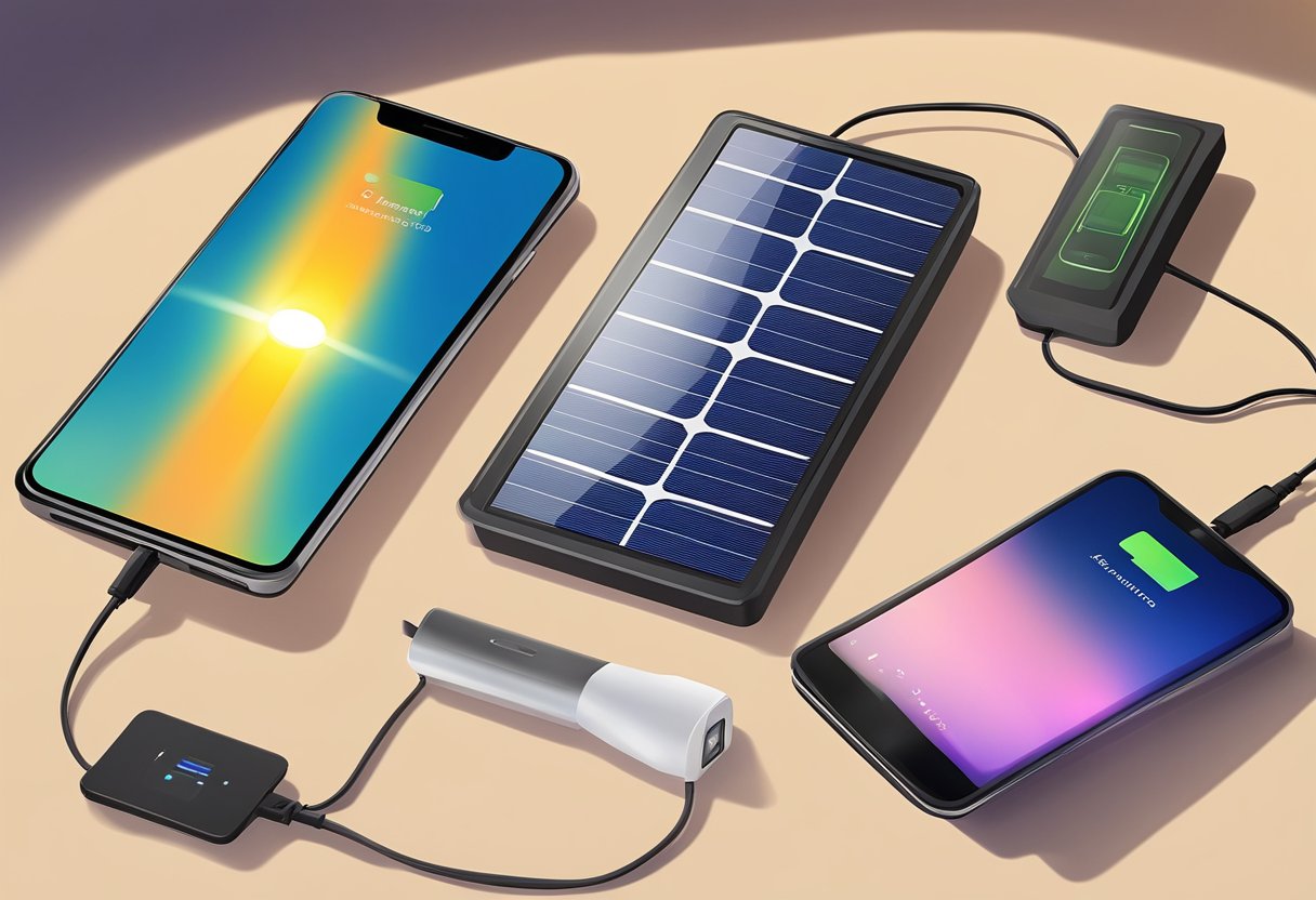 A solar power charger is placed on a table, absorbing sunlight through its panels. A phone is connected to the charger, displaying a full battery icon