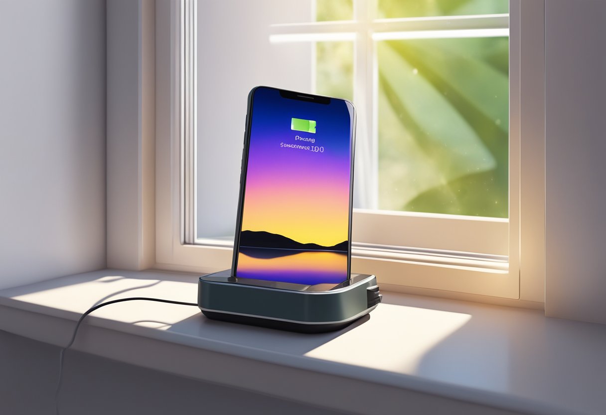 A solar power charger sits on a windowsill, absorbing sunlight to charge a phone