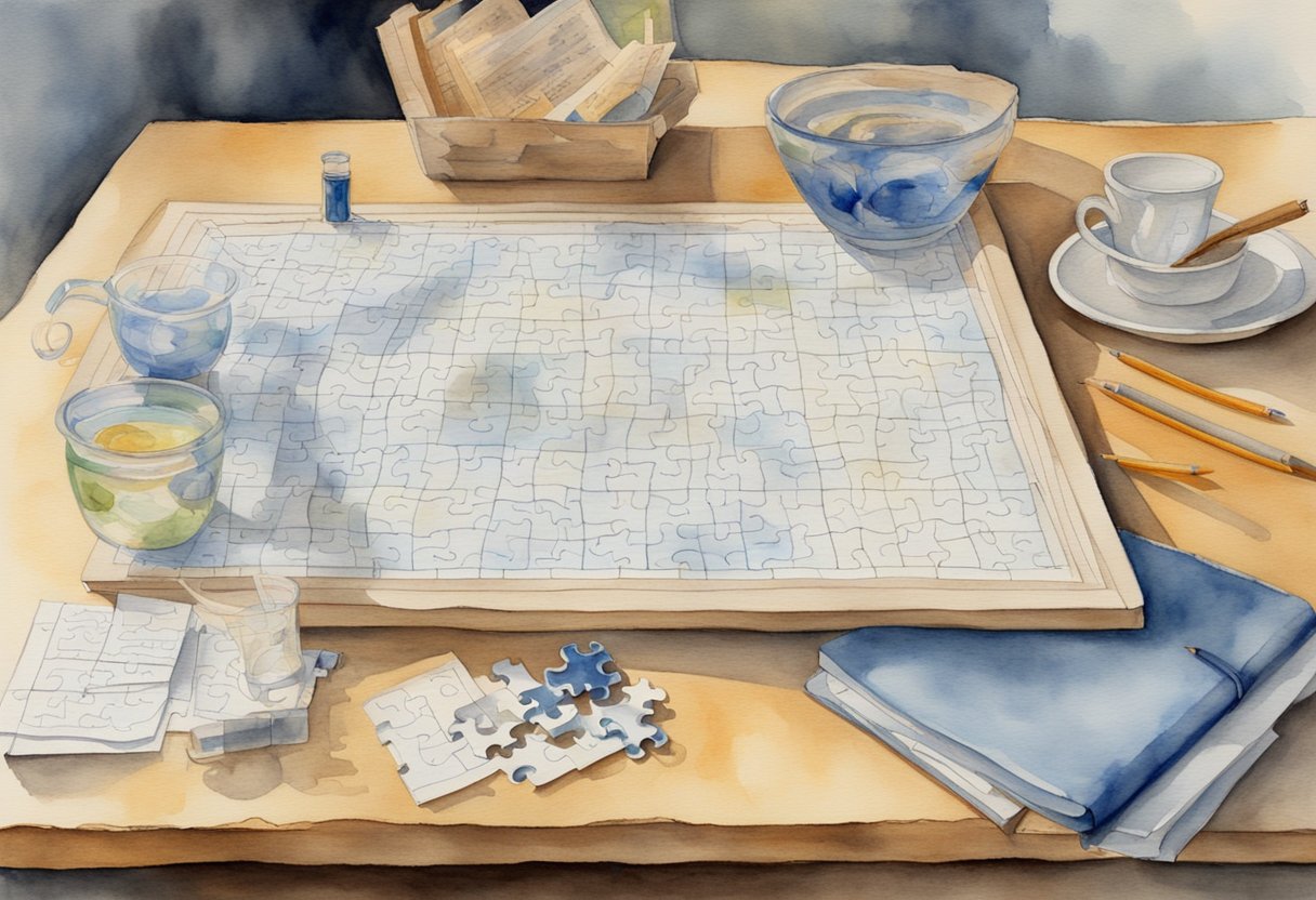 A table with a krydsord puzzle, pencil, and list of boy names