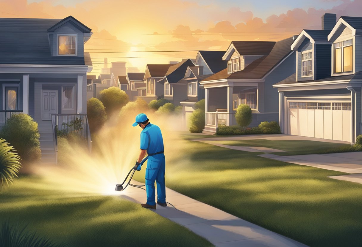 A technician sprays pesticide around a residential area in Canada Bay, targeting pests. The neighborhood is quiet as the sun sets in the background