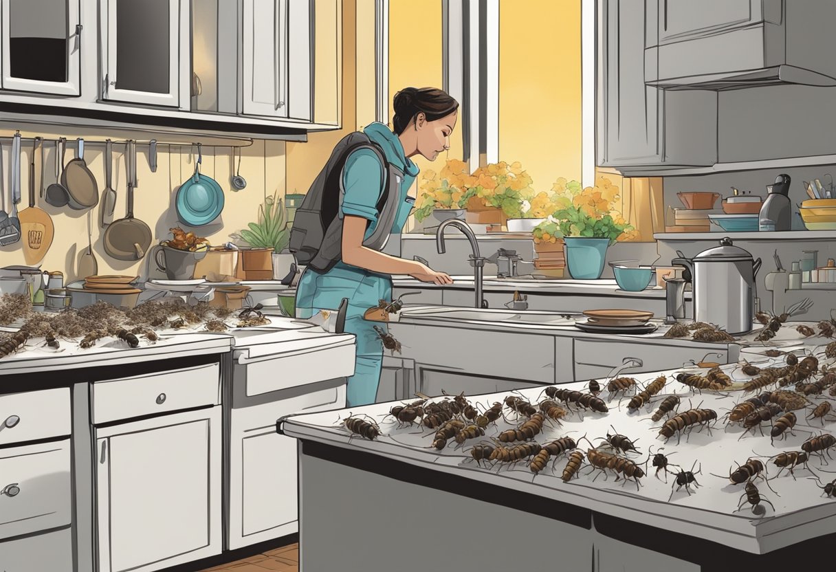 A cluttered kitchen with ants crawling on countertops and roaches scurrying under the sink, while a frustrated homeowner looks on