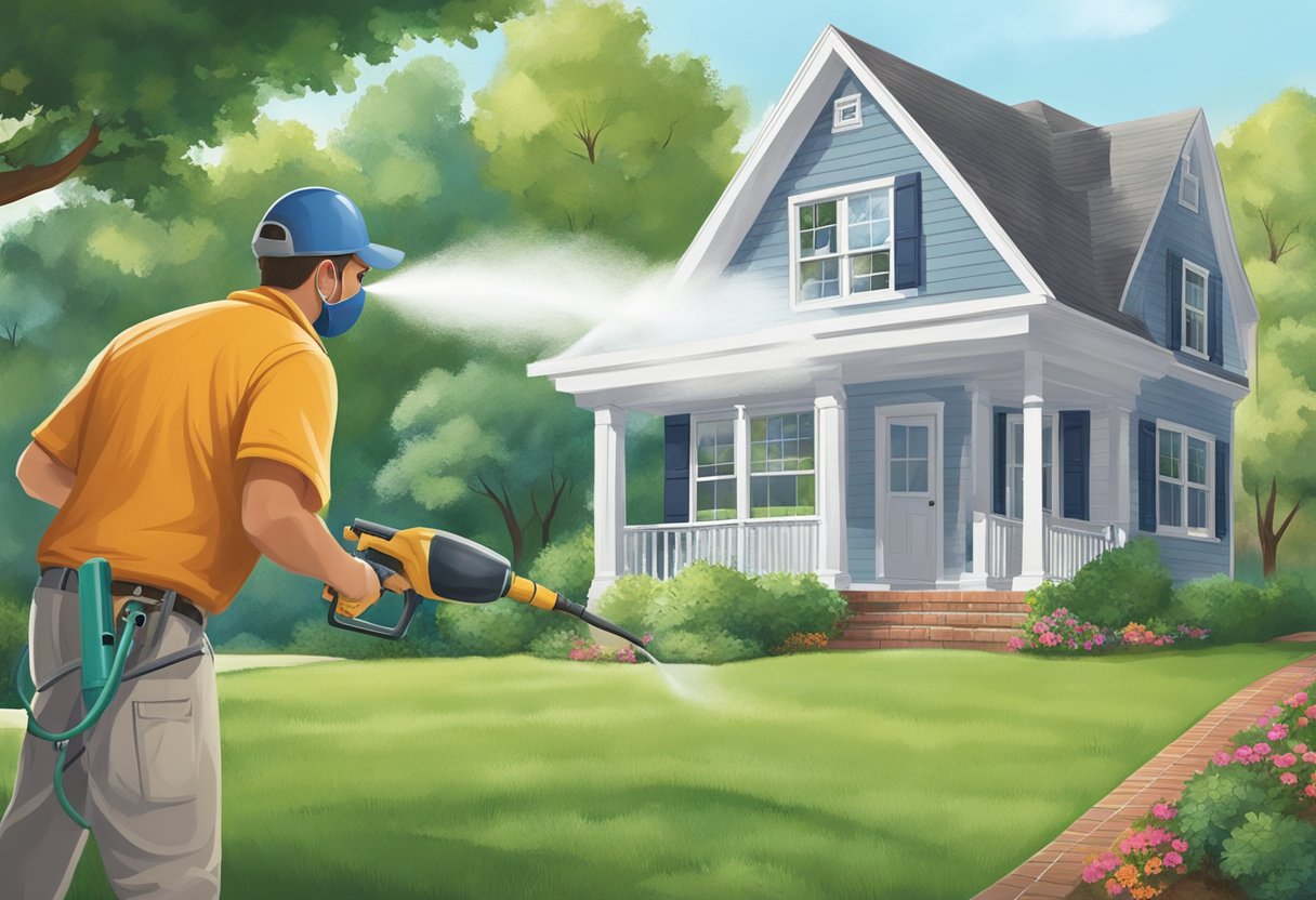 A homeowner sprays pesticide around the perimeter of their house, sealing cracks and crevices to prevent pests from entering