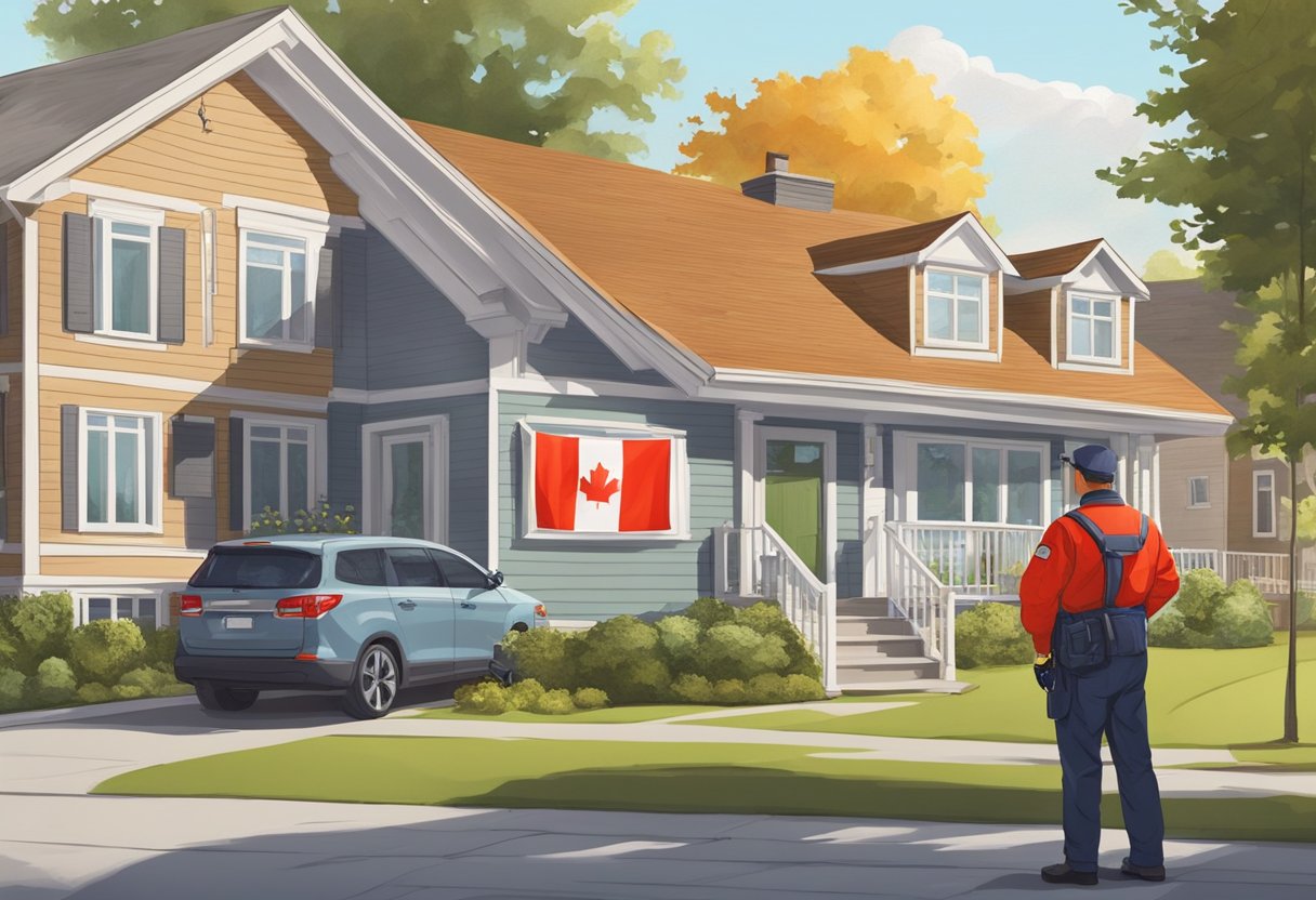 A Canadian flag flutters in front of a residential home, while a pest control technician in uniform inspects the exterior for signs of infestation