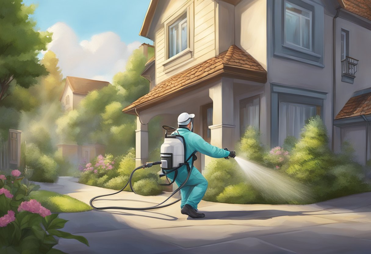 A pest control technician spraying pesticide in a residential area with visible signs of pest infestation