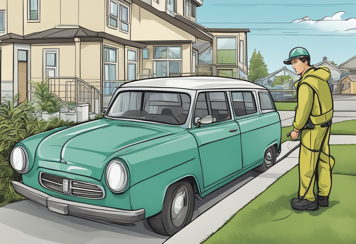 Pest control technician inspecting Canada Bay area for FAQ brochure illustration