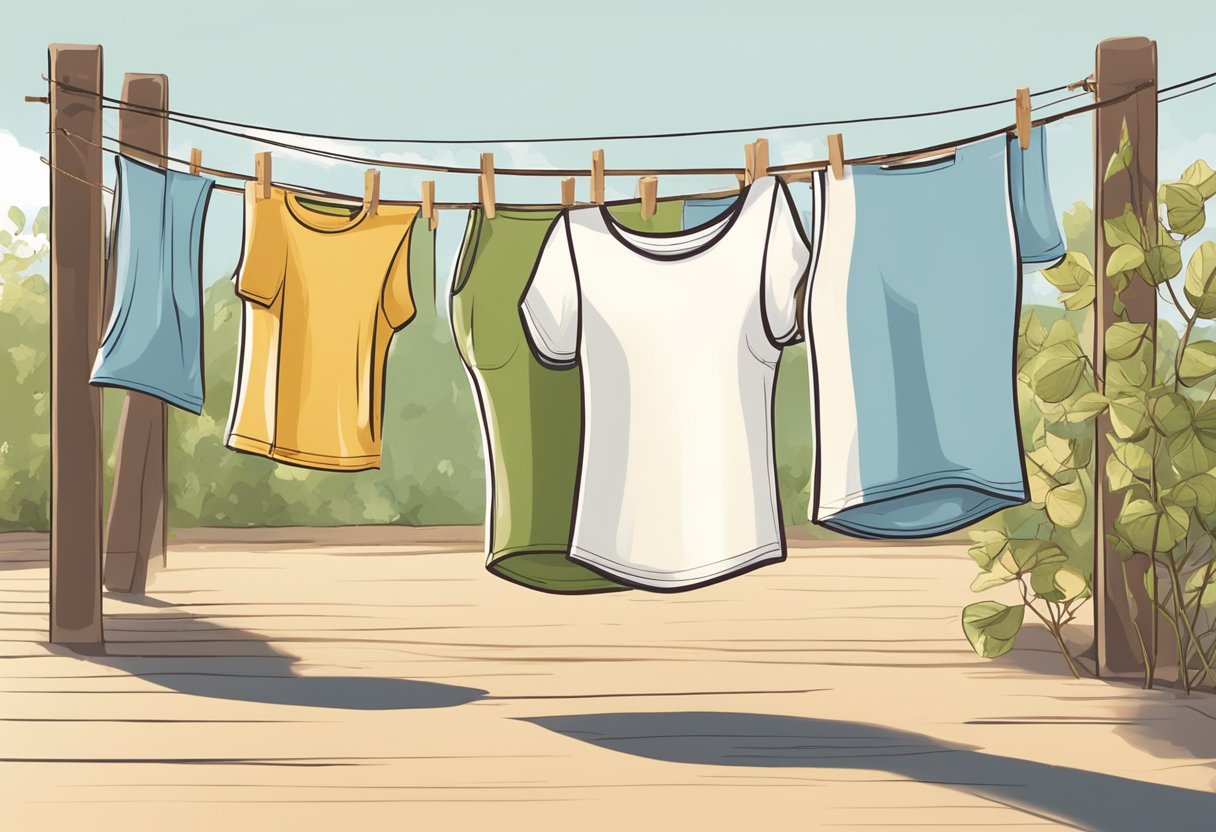 A woman hangs her freshly washed organic cotton activewear on a clothesline under the warm sun