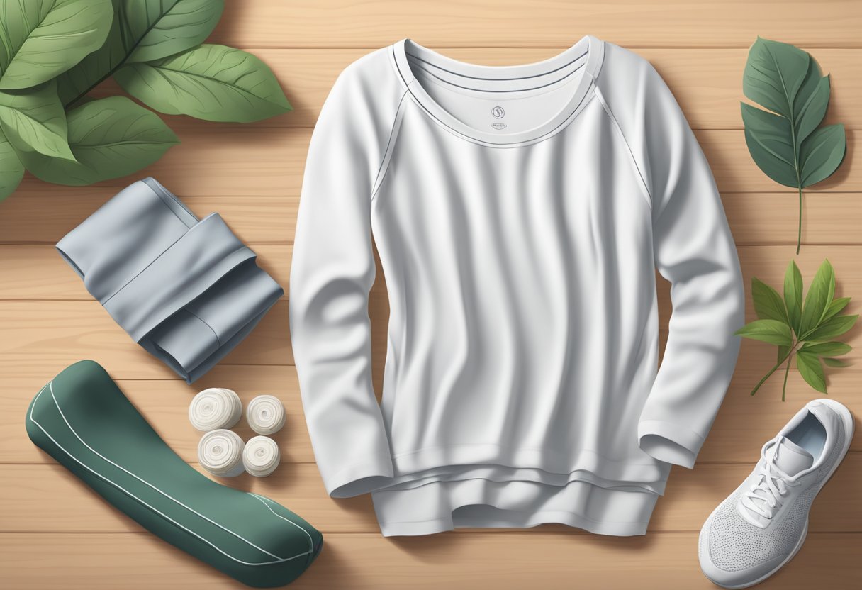 Organic cotton workout clothes neatly folded on a wooden table, surrounded by fresh greenery and natural light