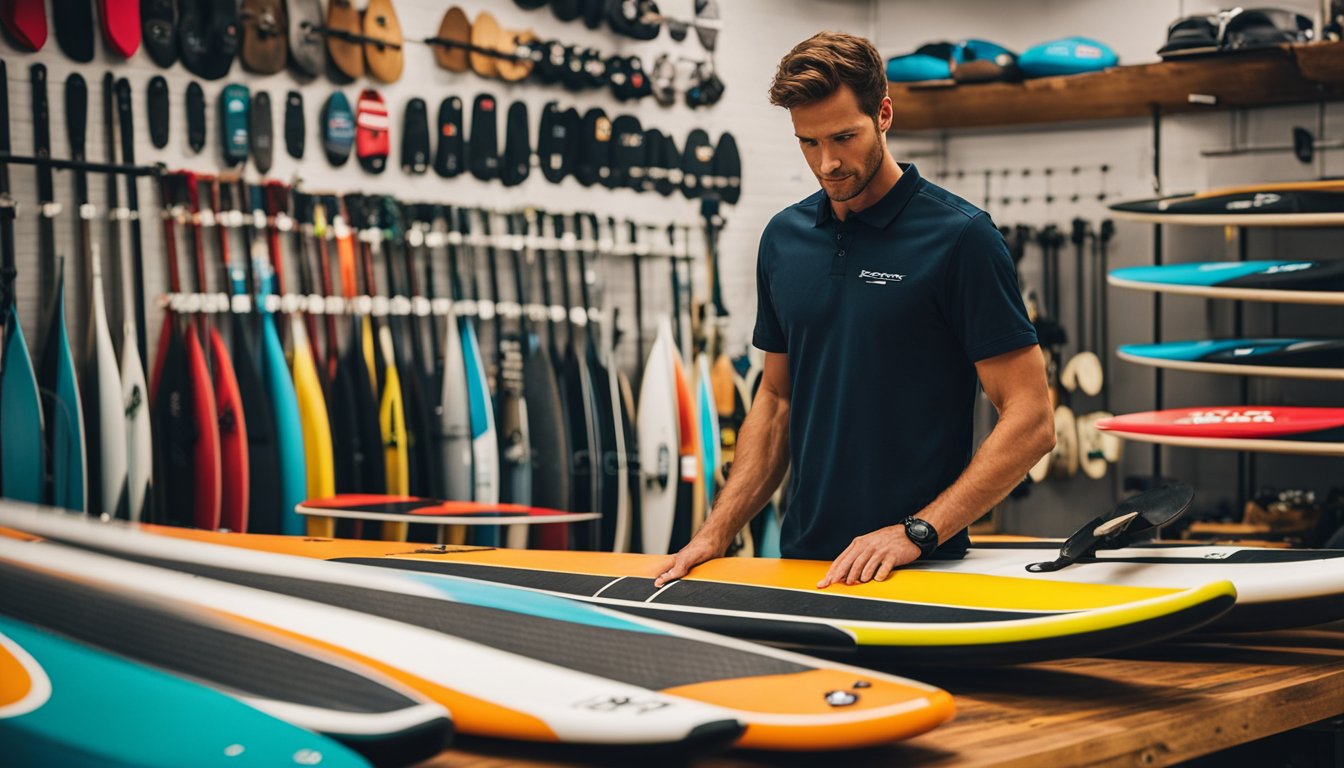 A paddleboarder examines gear options in a shop, comparing paddle lengths and board shapes, with a helpful salesperson offering advice