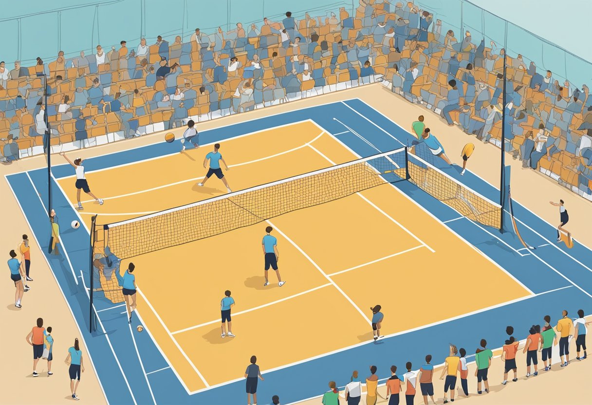 A volleyball court with two teams playing, a net dividing the court, and a scoreboard indicating the game duration