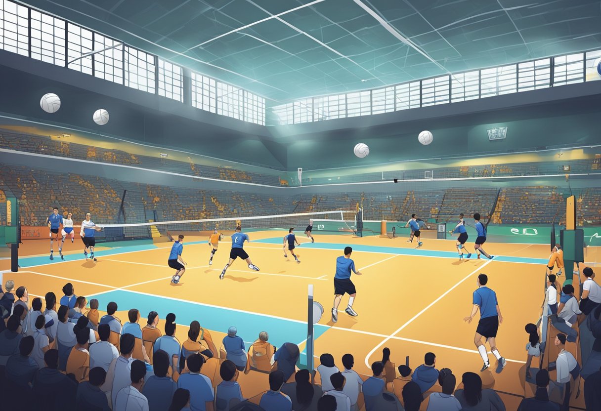 A volleyball court with players in action, scoreboard showing game time, and officials overseeing the match