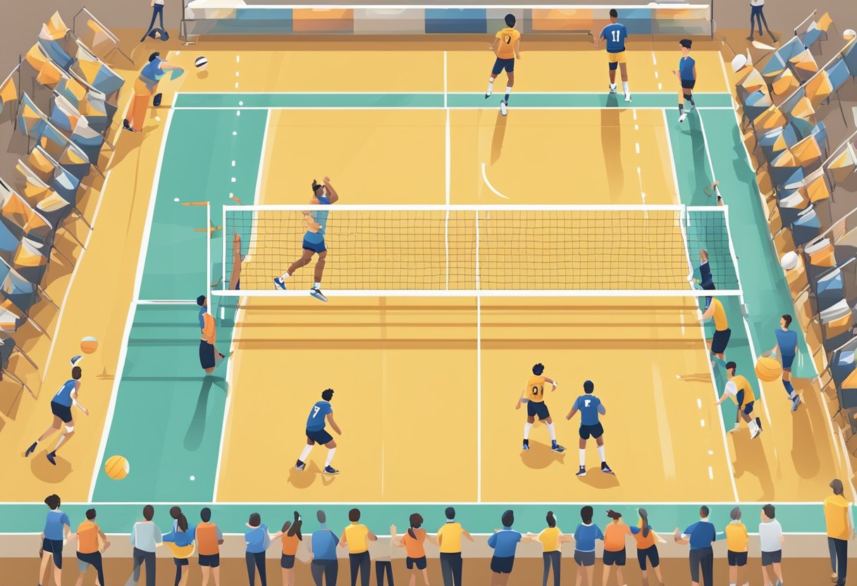 A volleyball court with two teams, a referee, and a scoreboard. The game is in progress, with players serving, passing, setting, and spiking the ball