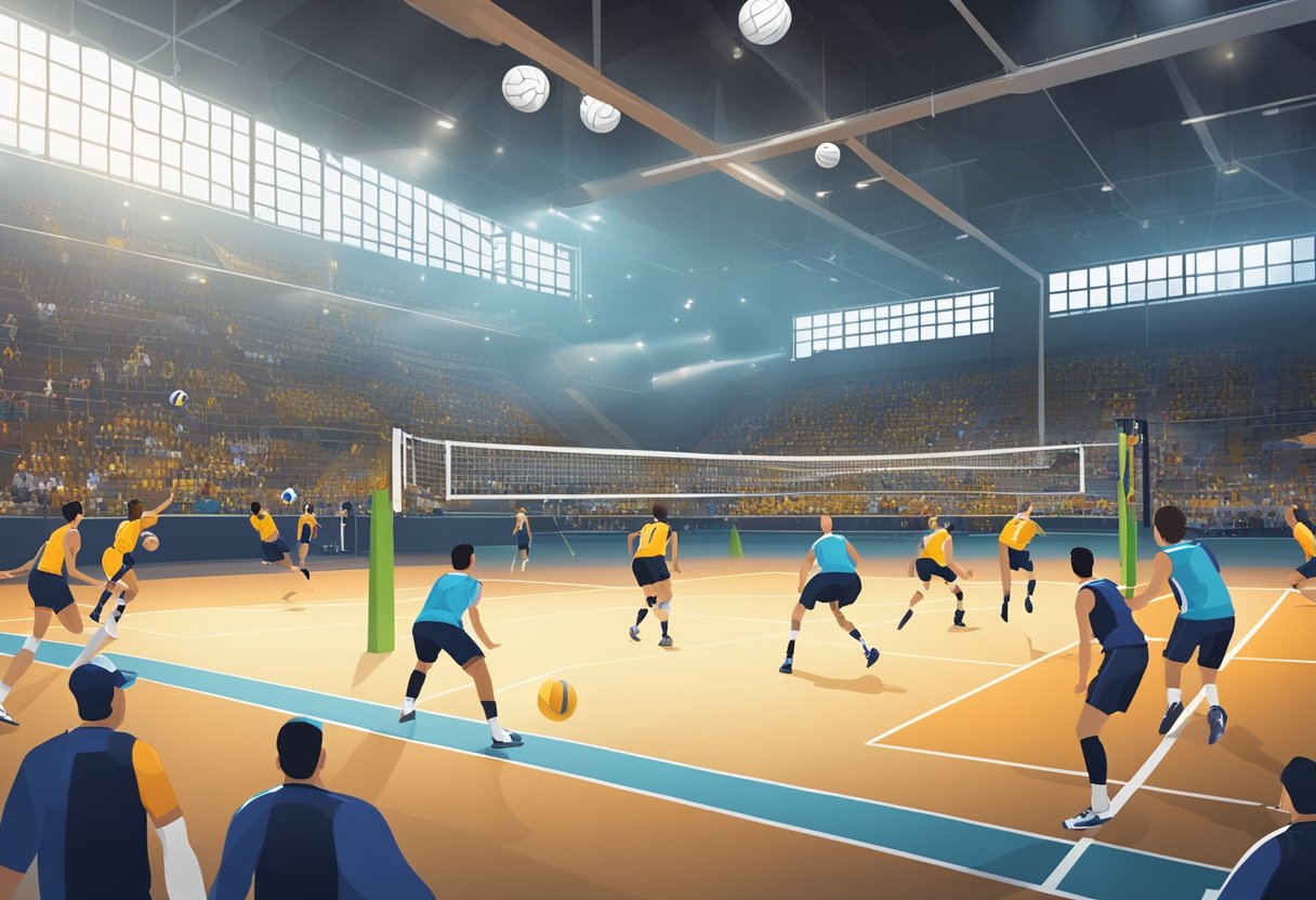 A volleyball court with players in motion, serving, spiking, and diving. Scoreboard shows game duration