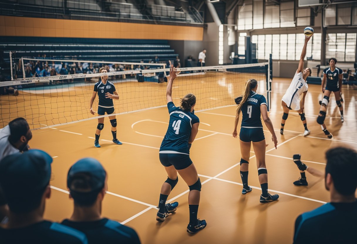 A volleyball court with players transitioning from defense to offense after winning a point, with the referee signaling "side out" with a hand gesture