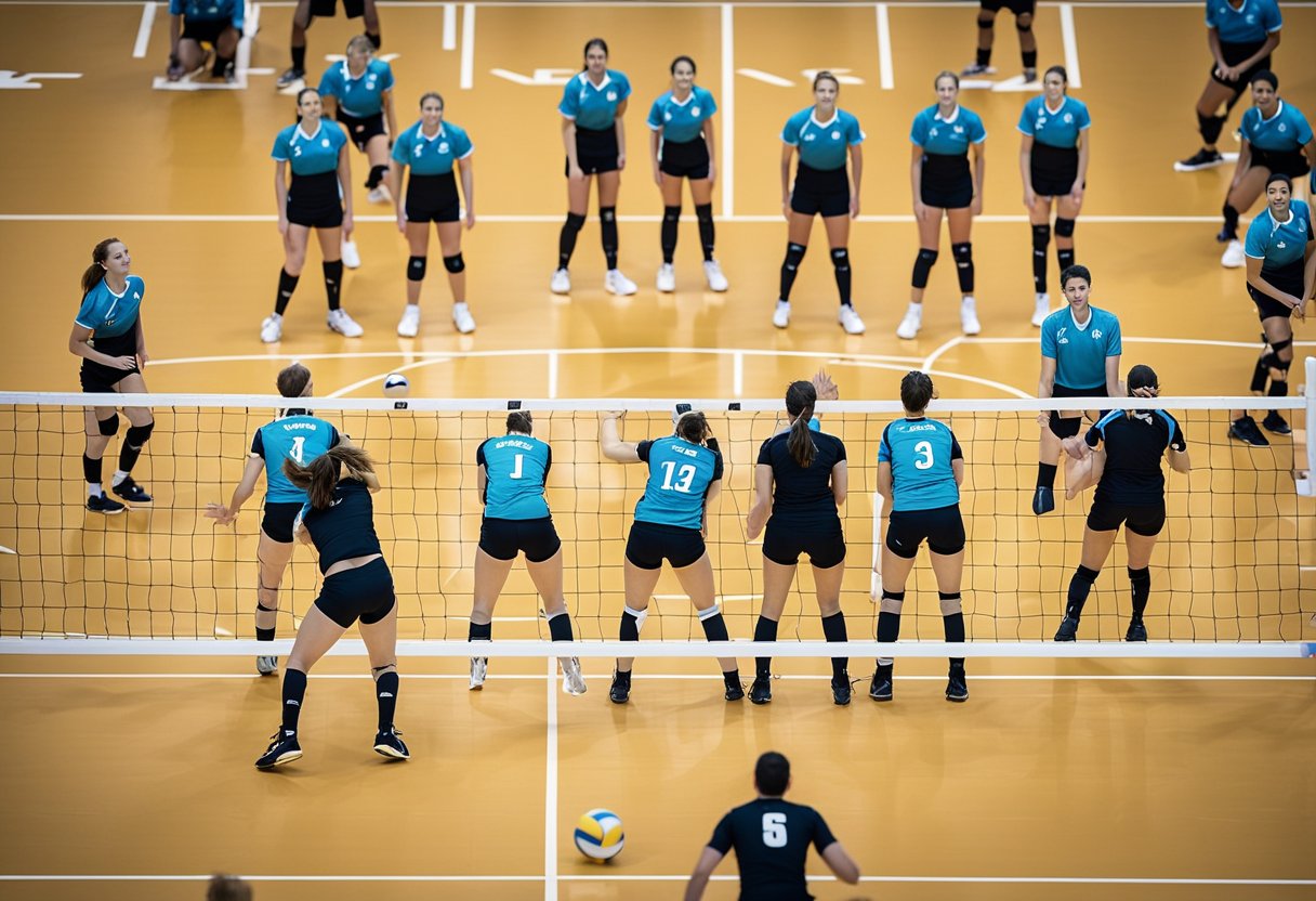 Volleyball court with players in motion, one team serving while the other prepares to receive. Net in the center, referee overseeing the game