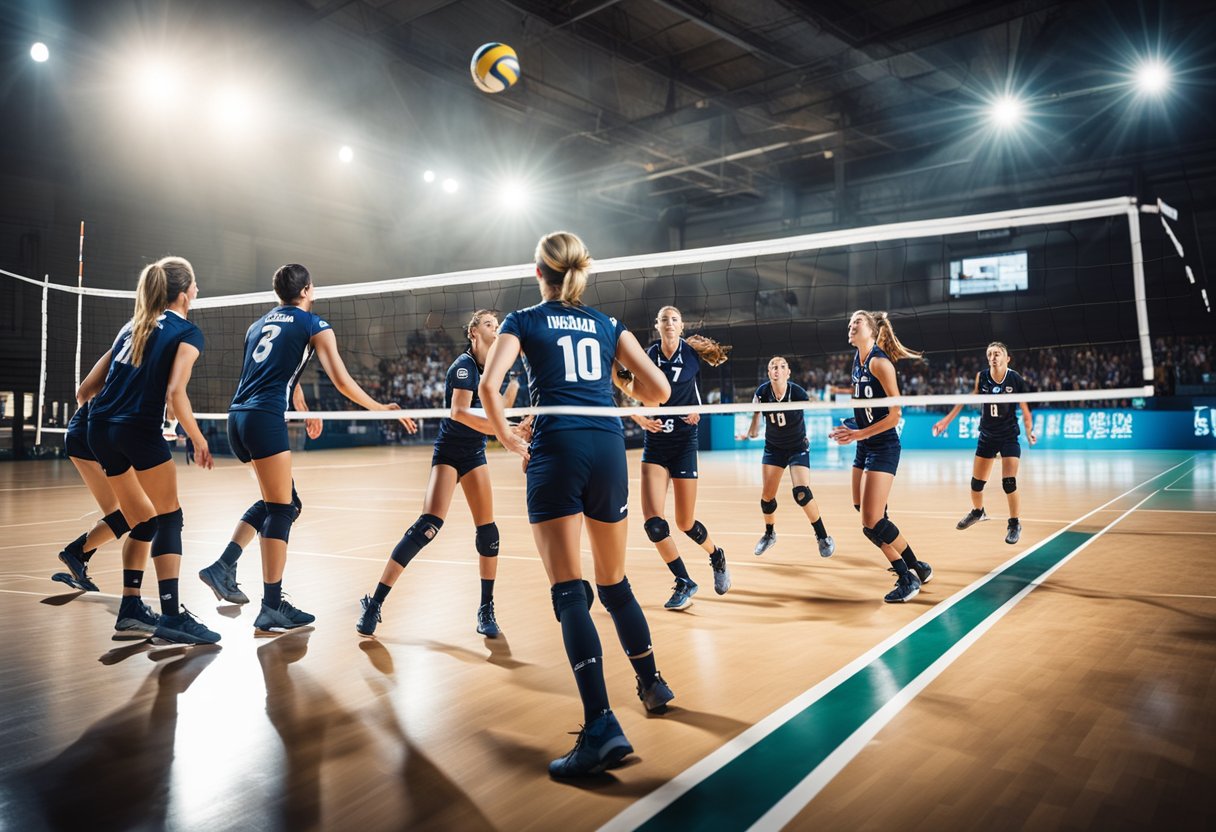 Volleyball court with players in motion, one team serving while the other defends. Scoreboard shows "side out" and "side in" indicators