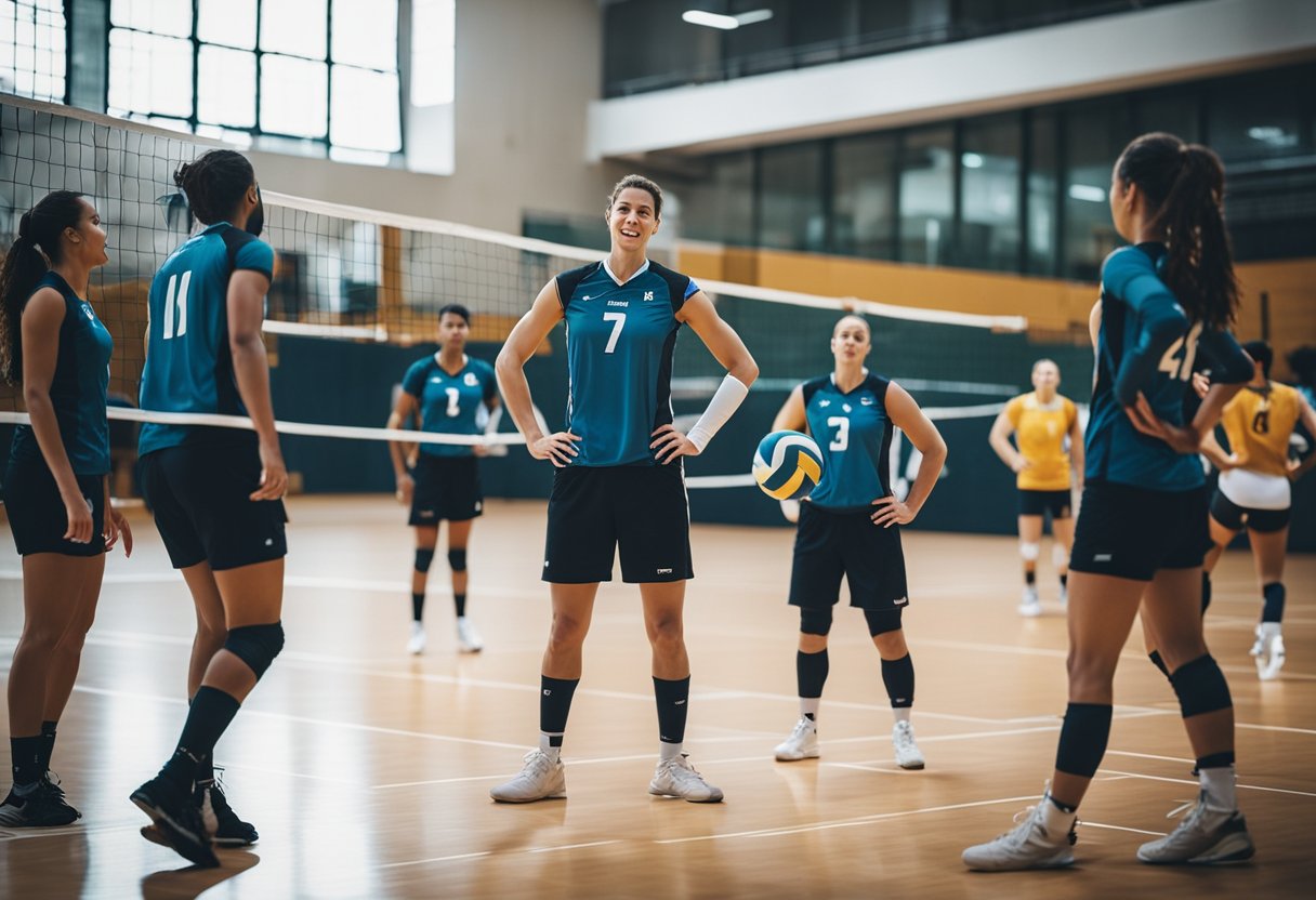 Volleyball court with players strategizing for a side out. Net, ball, and players in motion