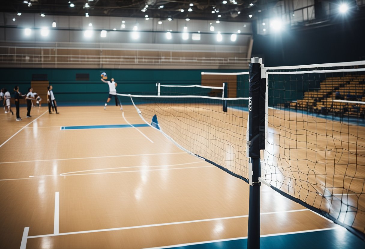 A volleyball court with a net, scoreboards, and players in position for a serve or a rally