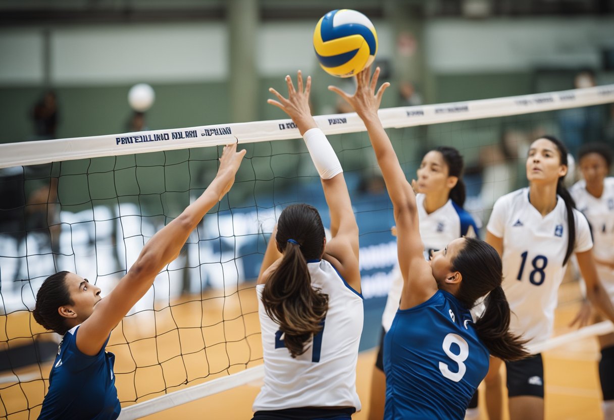 Volleyball players executing a successful side out, with one player setting the ball and another spiking it over the net