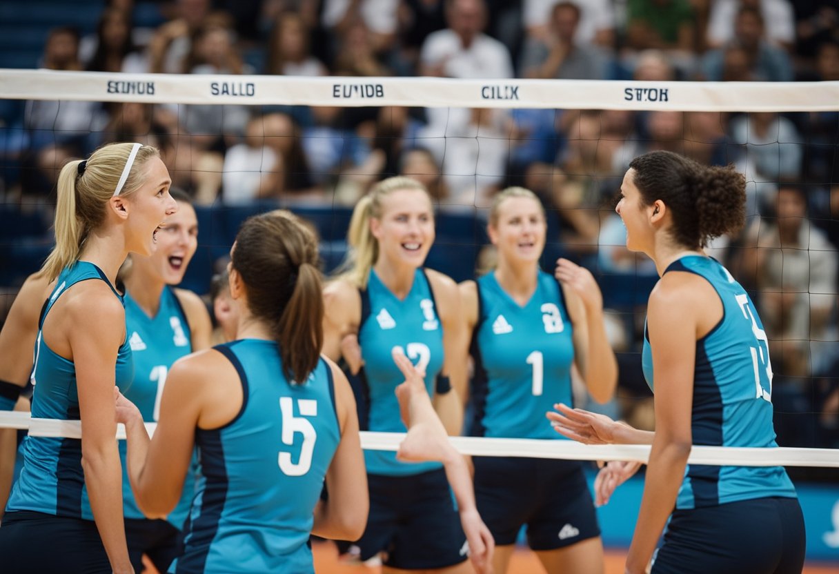 Players and coaches react to a side out in volleyball. The team receiving the serve lost the point and must rotate positions