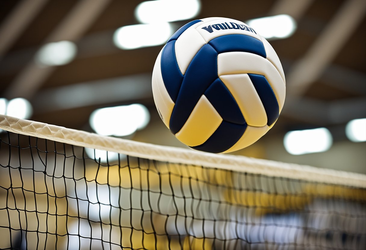 A volleyball flying over the net, transitioning from one team to the other, illustrating the concept of "side out" in the sport of volleyball