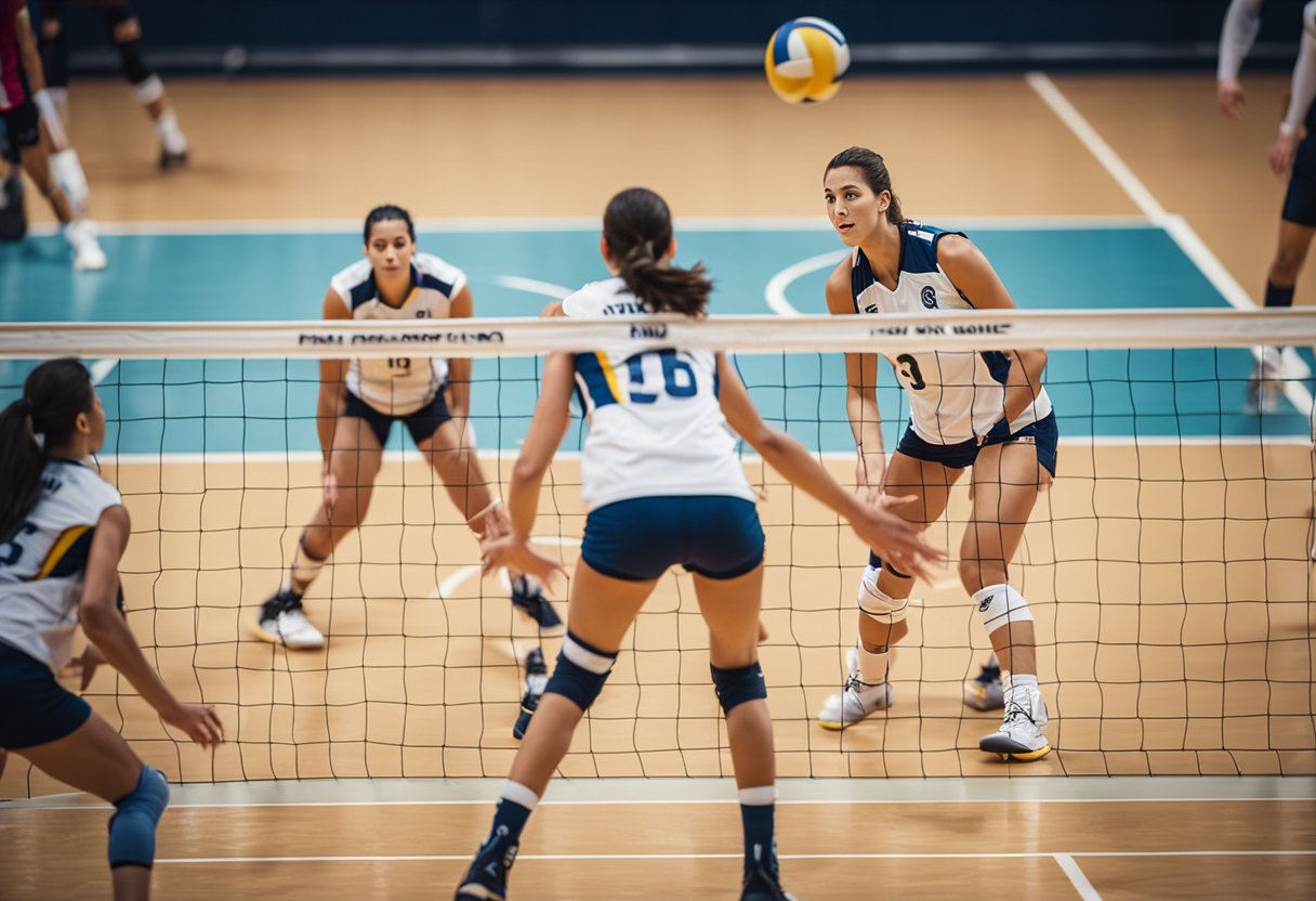 A volleyball court with players in action, one team serving while the other defends, illustrating the concept of "side out" in volleyball