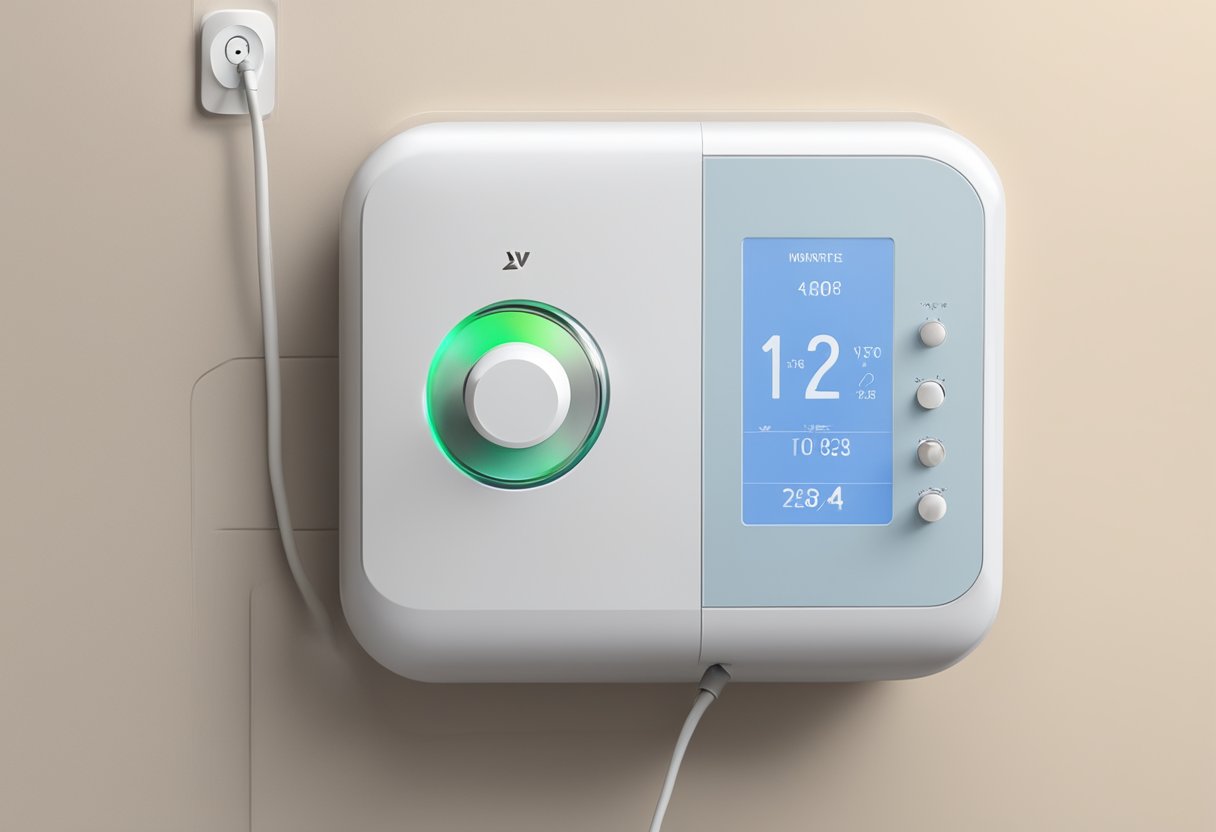 A smart thermostat is installed on a wall next to a line voltage wire, with a clear label indicating the connection