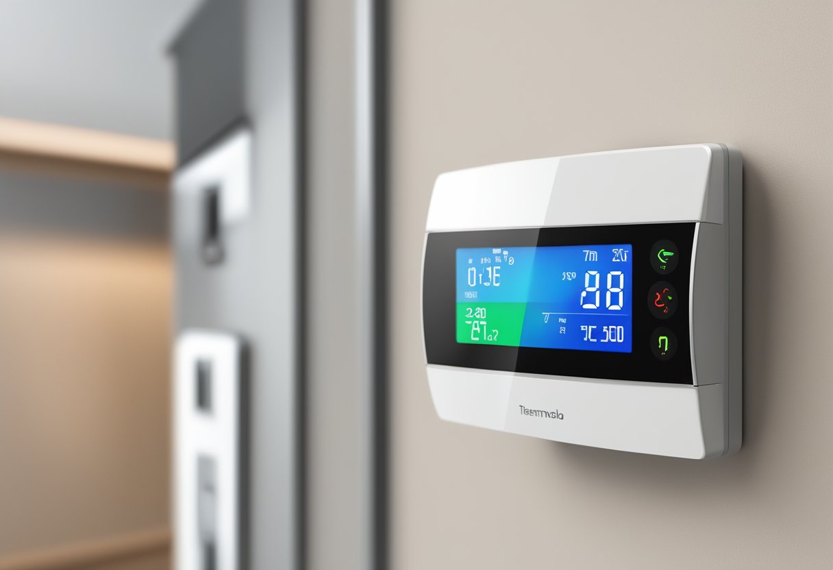 A smart thermostat is mounted on a wall next to a line voltage heating system. The thermostat display shows temperature settings and energy usage data