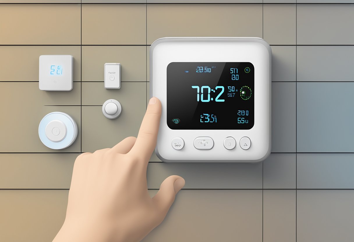 A hand reaches out to select from a variety of smart thermostats on a display shelf, with a focus on the line voltage models