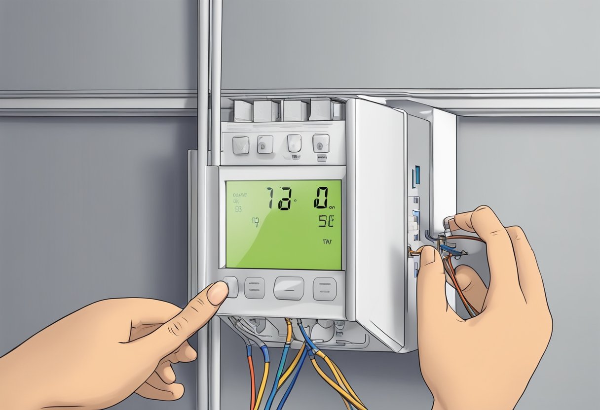 A technician installs a smart thermostat on a wall, connecting line voltage wires and checking for proper functionality