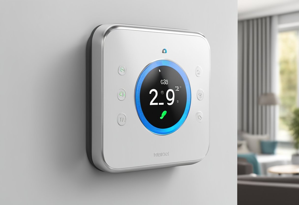 A sleek smart thermostat mounted on a white wall, with a line voltage wire connected to the back