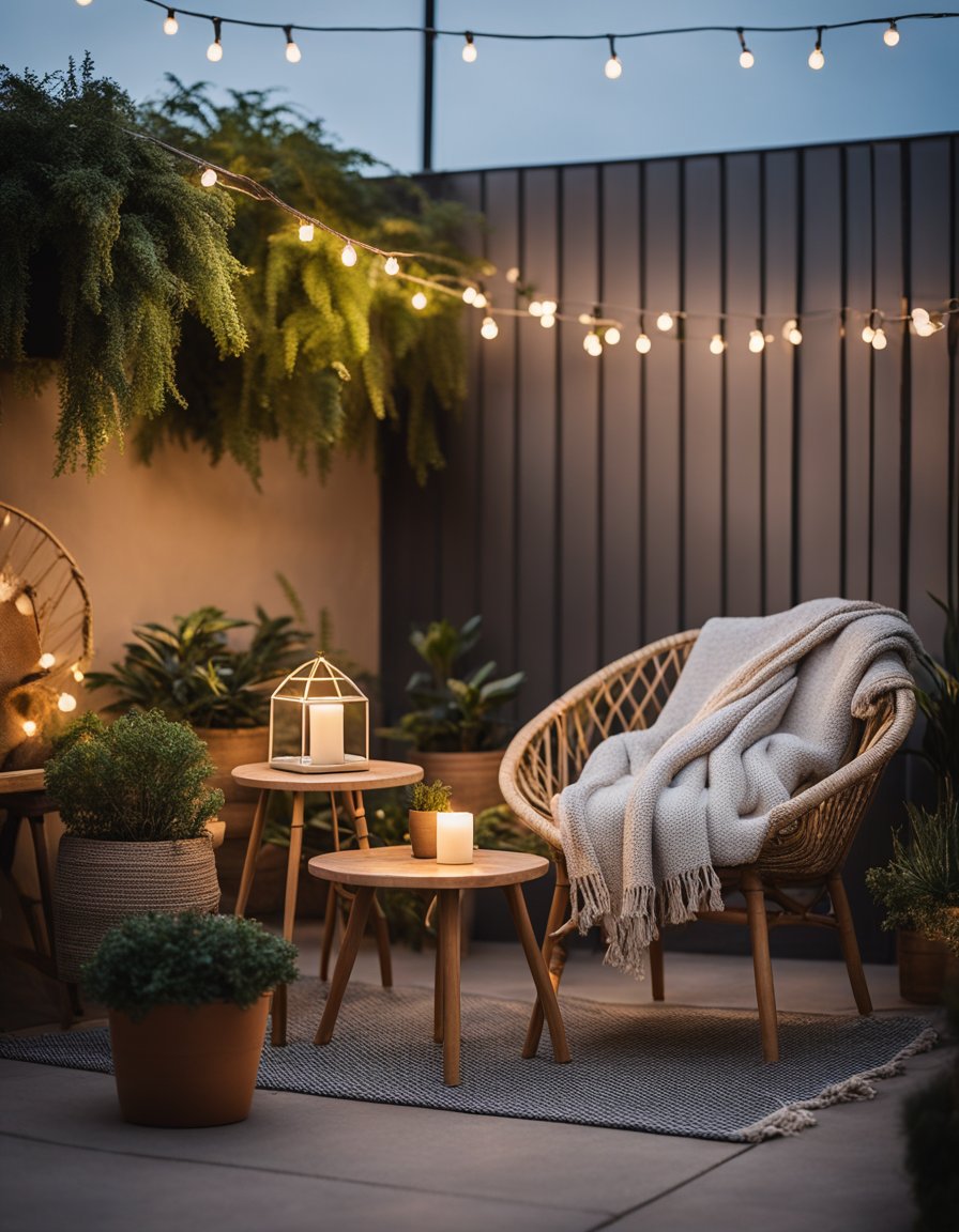 A cozy outdoor space with comfortable furniture, plants, and decorative elements. A table with a potted plant, a cozy chair with a throw blanket, and a string of lights creating a warm and inviting atmosphere