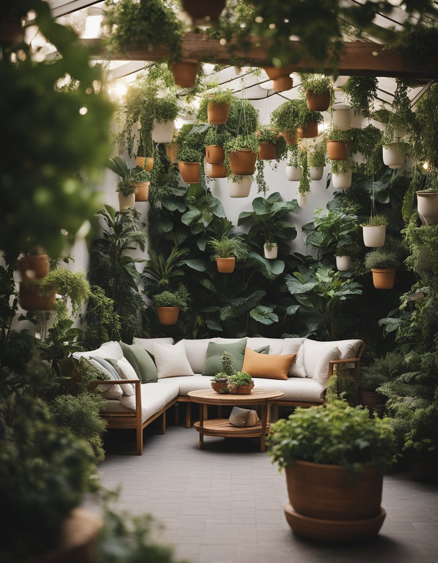 A lush outdoor space with potted plants, hanging vines, and comfortable seating areas, creating a serene and inviting atmosphere