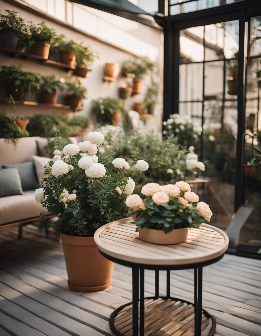 A cozy outdoor space with potted plants, comfortable seating, and soft lighting. A small table with a vase of fresh flowers adds a touch of elegance