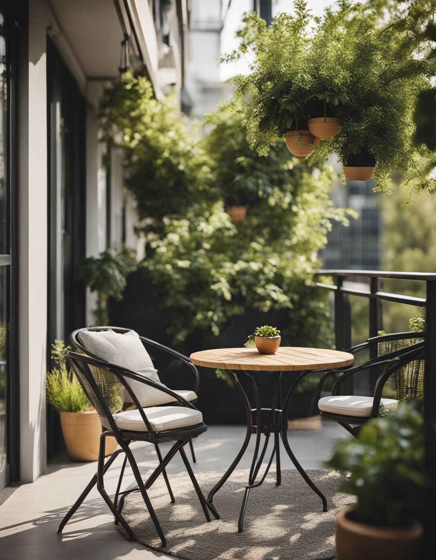 A cozy outdoor space with a furnished balcony and greenery. A table and chairs are arranged for relaxation and enjoyment of the outdoor area