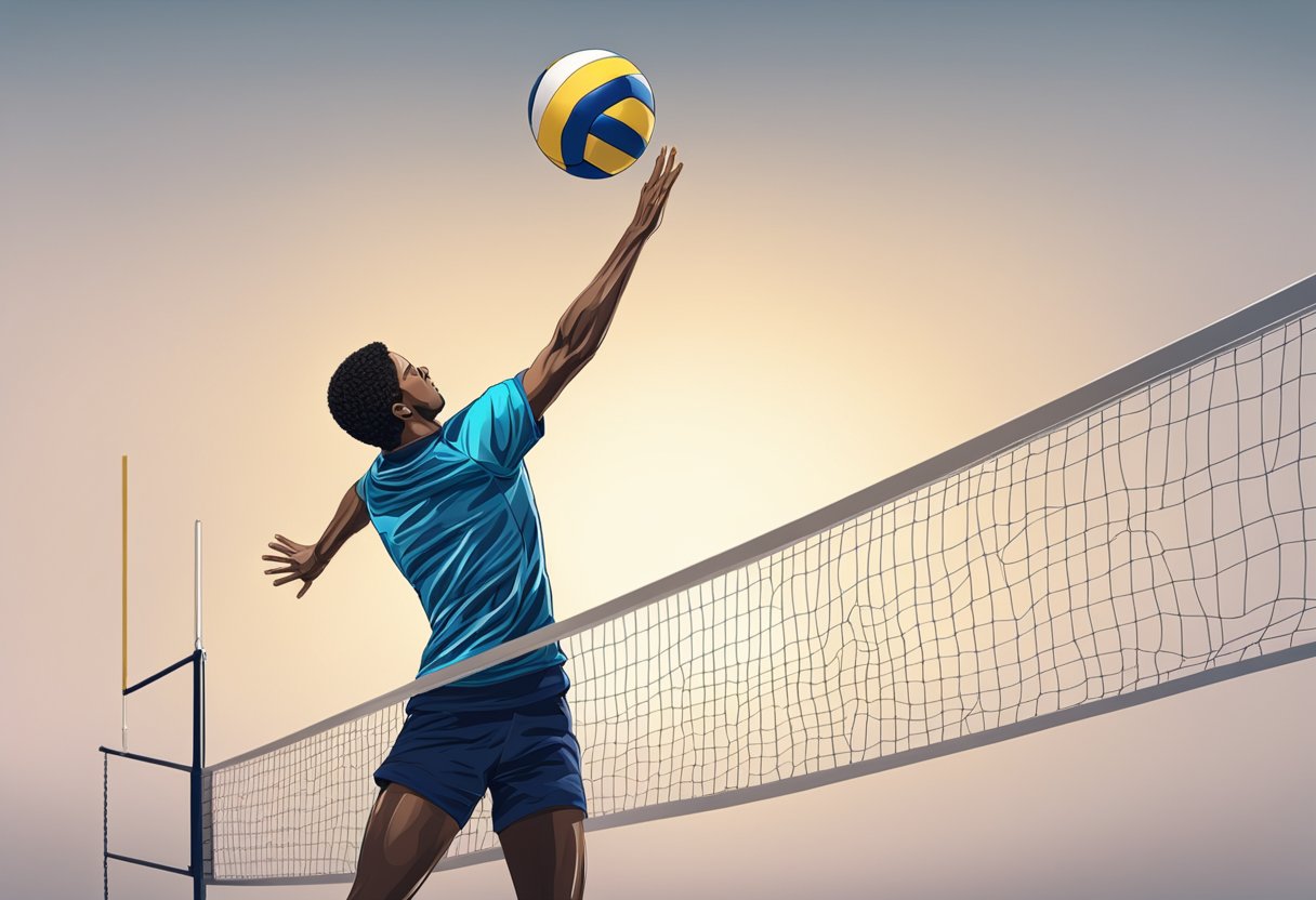 A volleyball player sets the ball with both hands above their head, preparing for a spike