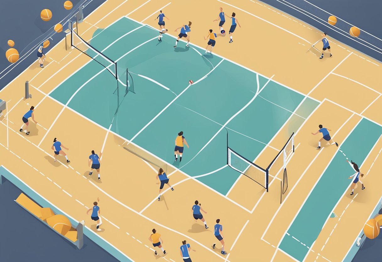 An overhead view of a volleyball court with players demonstrating various defensive skills and techniques, such as digging, blocking, and receiving