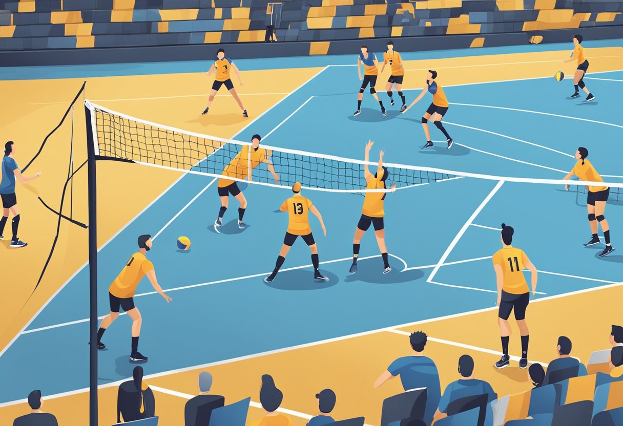 Players strategize and communicate on the volleyball court, coordinating movements and positioning to outmaneuver opponents