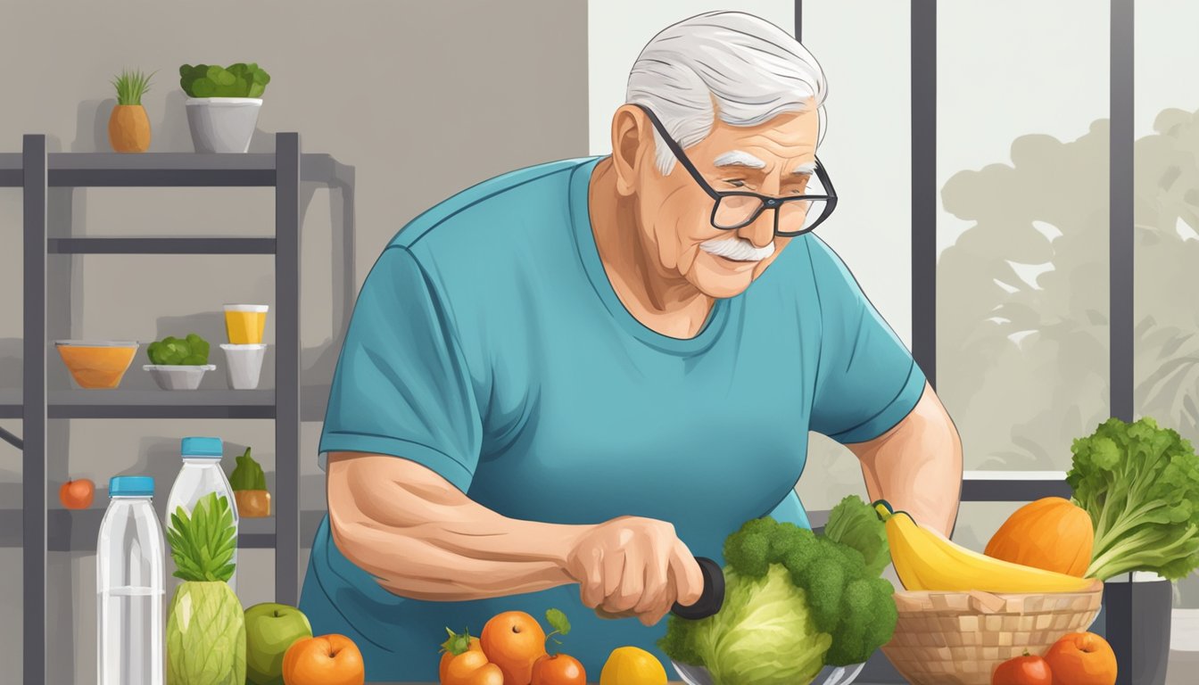 Elderly person lifting weights with proper form, surrounded by healthy food and water. A trainer provides guidance and support