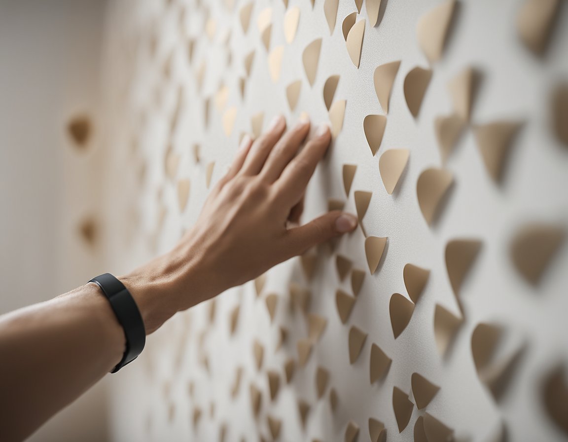 A hand smoothing wallpaper onto a wall, transforming the room's appearance