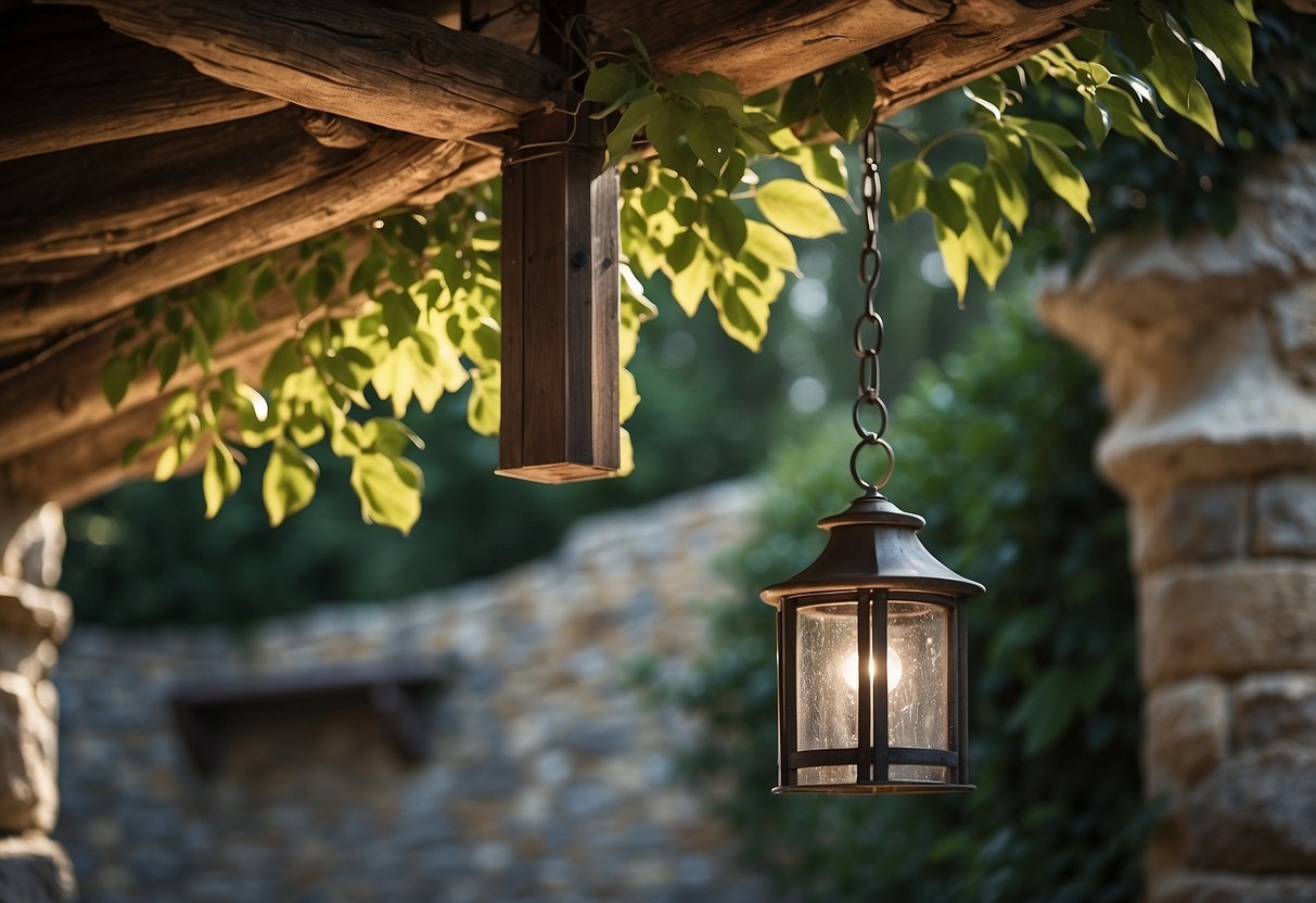 A sturdy outdoor light fixture hangs from a weathered wooden beam, surrounded by rugged stone walls and lush greenery. The durable materials withstand the elements, offering a unique and long-lasting lighting solution