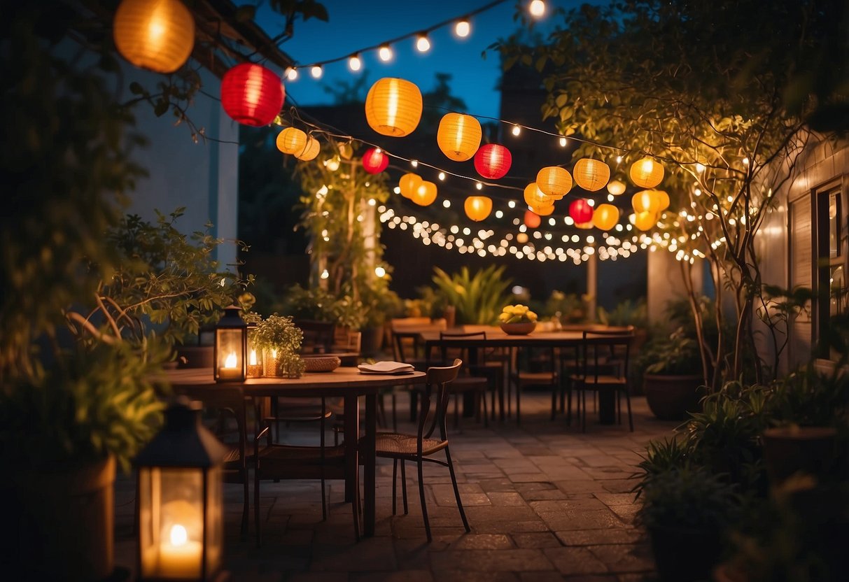 The patio is illuminated by strings of colorful lanterns, casting a warm and inviting glow over the space. Twinkling fairy lights are intertwined with the greenery, creating a magical and unconventional atmosphere