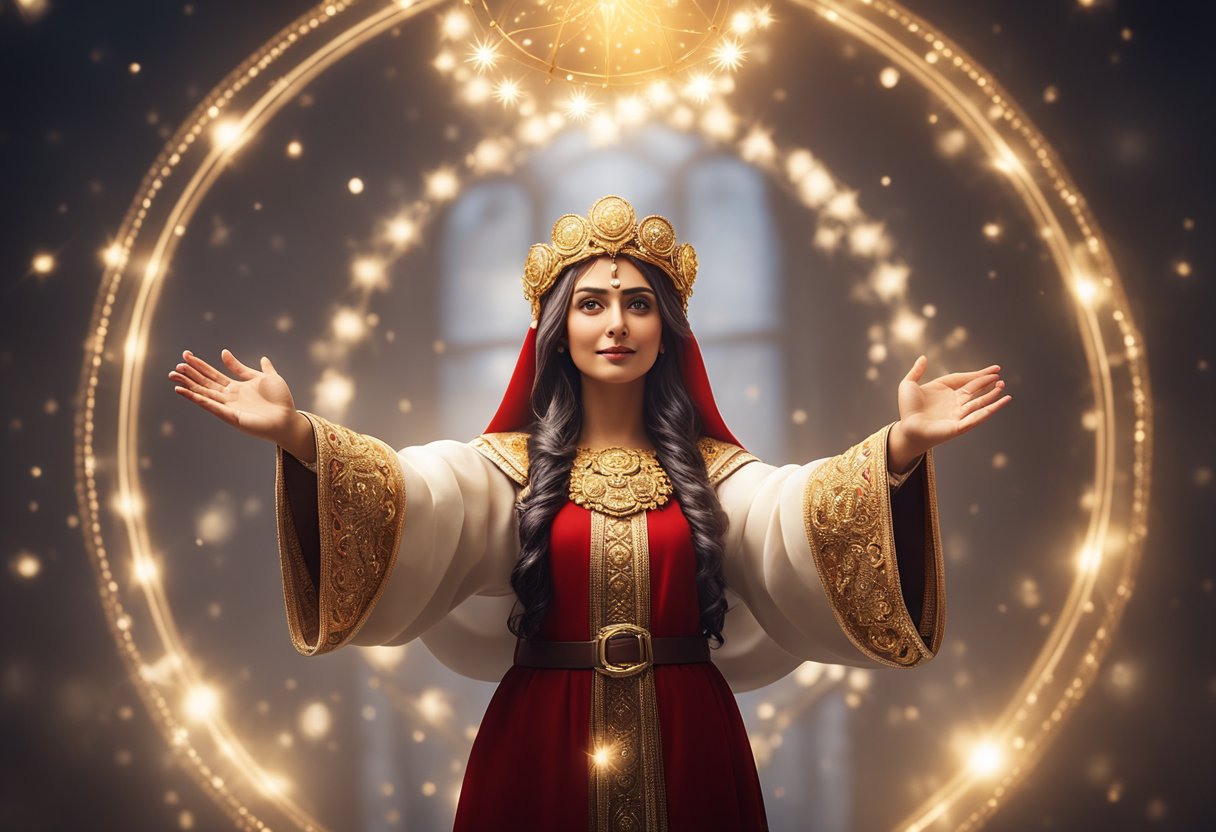 Santa Luzia stands in a radiant glow, holding a pair of eyes in her outstretched hands. A halo of light surrounds her, and she is adorned with symbols of sight and protection