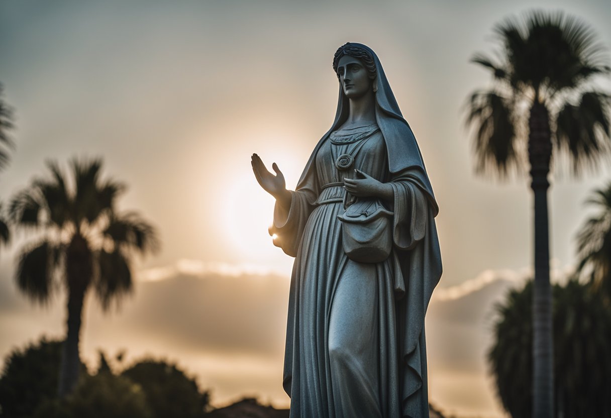 Santa Luzia's statue stands tall, holding a pair of eyes in her hands. A radiant light shines from her eyes, symbolizing her protection over vision