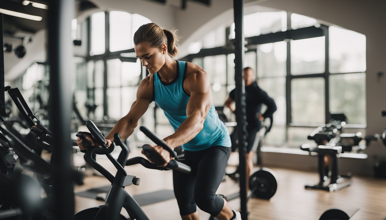 A person setting up a sustainable workout routine with motivational quotes and eco-friendly gym equipment