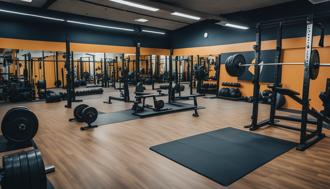 A gym with various weightlifting equipment, motivational posters on the walls, and a progress tracking board for weightlifting and fitness goals