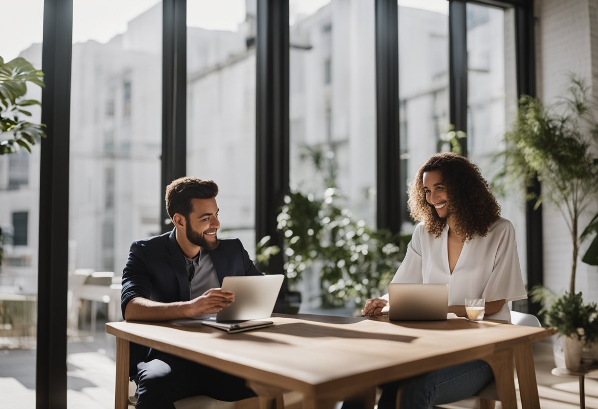 A couple sits at a table with a budget spreadsheet, wedding magazines, and a laptop open to a financial planning website. They discuss and plan their wedding expenses