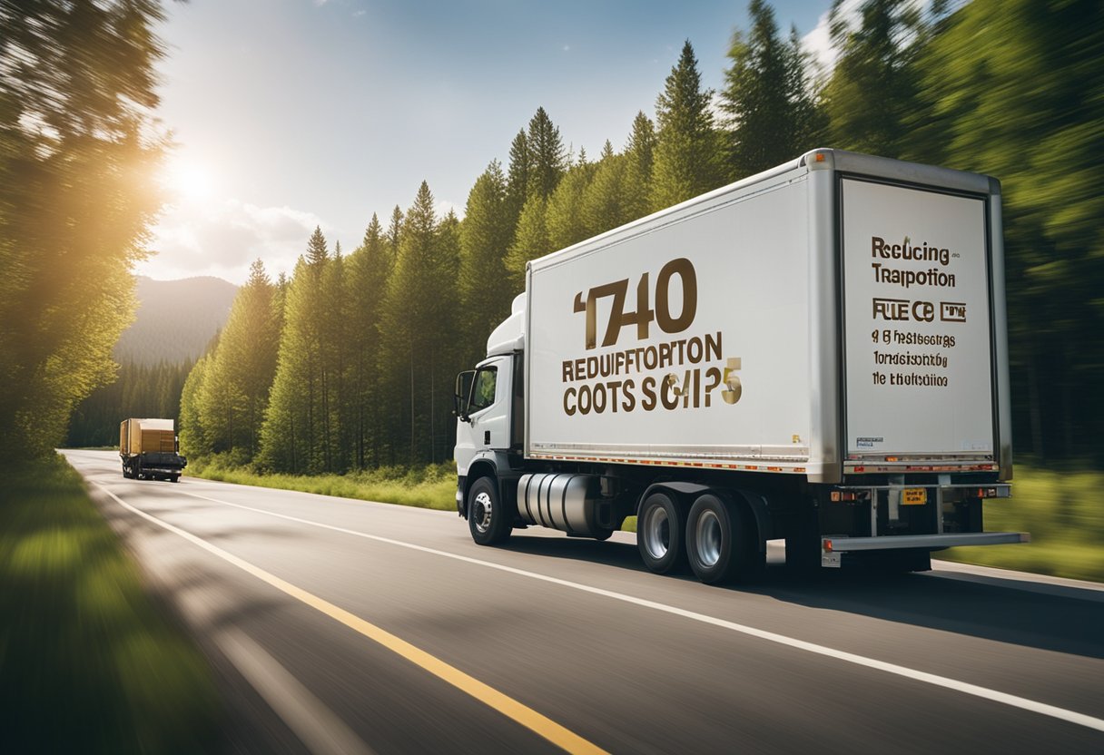 A supply truck driving on a highway with fuel-efficient technology, passing by a sign that reads "Reducing Transportation Costs."